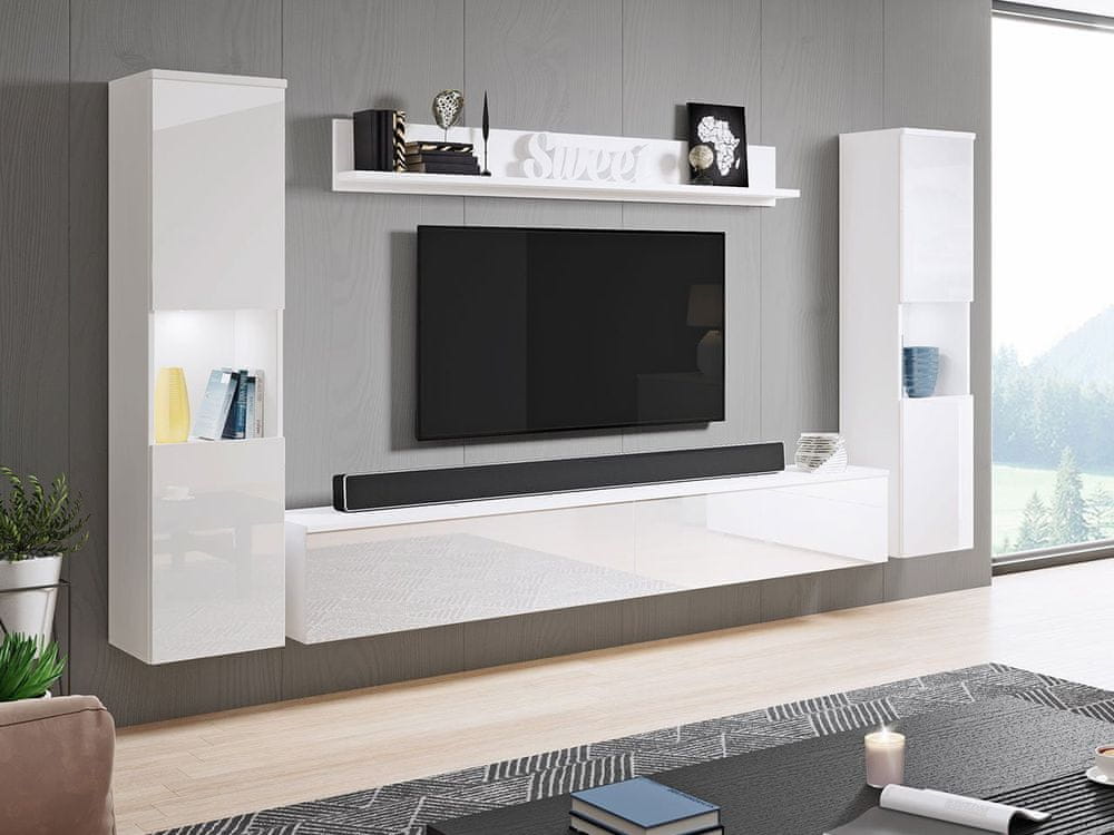 Veneti Moderná obývacia stena s LED osvetlením ROSALIO XL - lesklá biela / biela